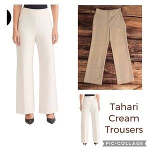 Tahari Cream Ivory Champagne Wide Straight Leg Dress Flat Front Pants Trousers 6